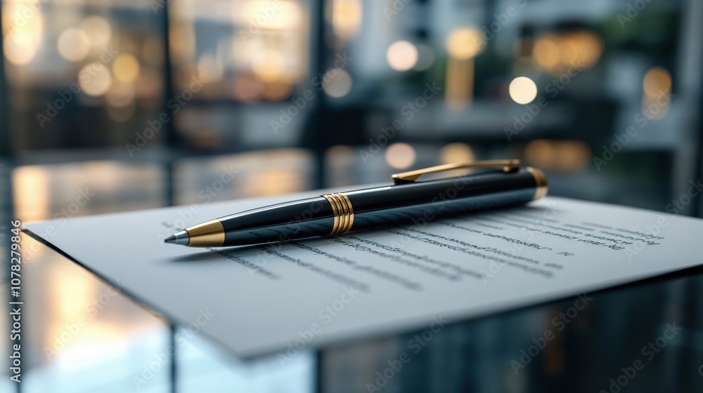 A luxury black and gold pen rests on a document, placed on a glass table in a softly lit office setting, exuding professionalism and elegance A luxury black and gold pen rests on a document, placed on a glass table in a softly lit office setting, exuding professionalism and elegance