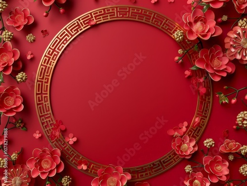 Red and Gold Festive Background with Flowers and Circular Frame