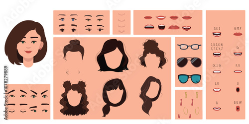 Female face constructor, avatar of woman character creation hairstyle, nose, eyes with eyebrows and lips. Cartoon set suitable for animation and lip sync speaking.	