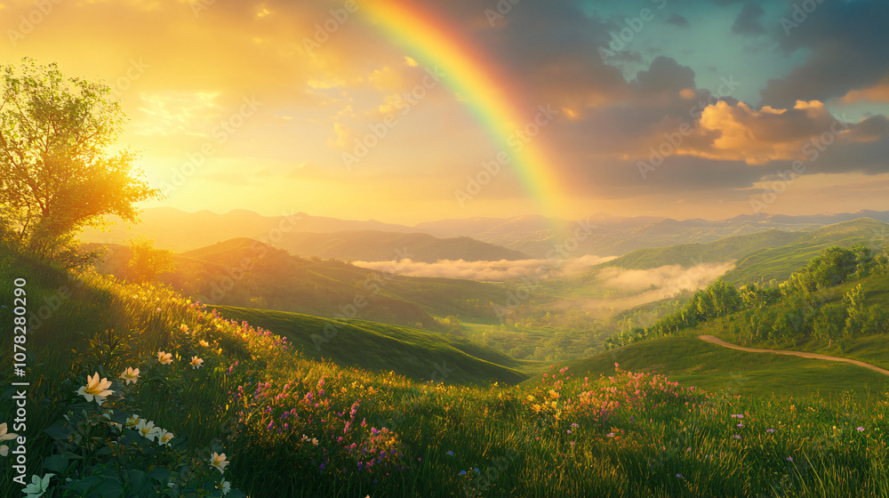 Obraz premium A view of rolling green hills at sunrise, featuring a bright rainbow and soft mist in the valleys, illuminated by warm sunlight for landscapes.