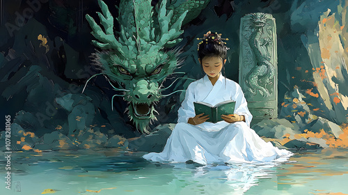 Young girl reading by a serene dragon statue photo