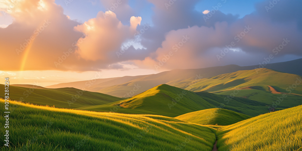 Obraz premium A stunning landscape of rolling green hills illuminated by the golden light of sunset, with clouds adding depth to the scene, perfect for nature and travel inspiration.
