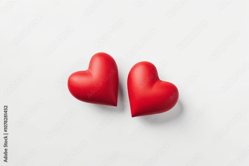 Fototapeta premium Two red hearts lie side-by-side on a white background