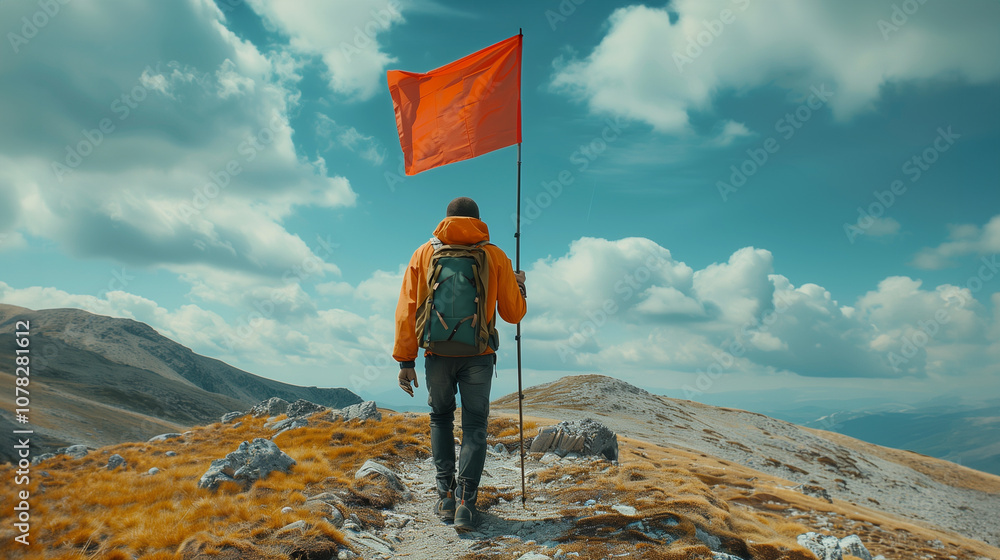Obraz premium The determined man treks along a rocky path, holding a red flag, as he ascends the mountain. The stunning backdrop showcases the vast beauty of nature on a cloudy day