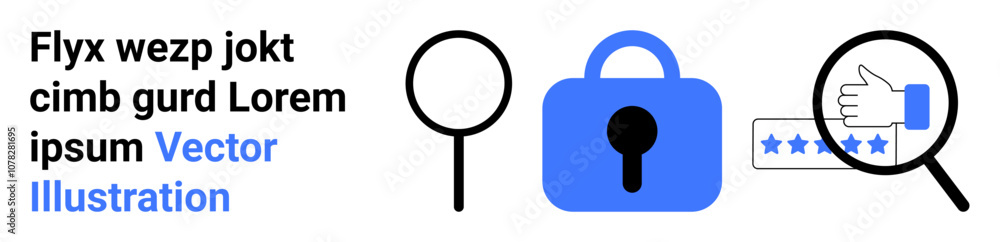 Magnifying glass, blue lock icon, and hand rating stars represent security, quality control, and user feedback. Ideal for technology, cybersecurity, customer reviews, privacy, data protection Magnifying glass, blue lock icon, and hand rating stars represent security, quality control, and user feedback. Ideal for technology, cybersecurity, customer reviews, privacy, data protection