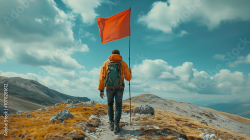 The determined man treks along a rocky path, holding a red flag, as he ascends the mountain. The stunning backdrop showcases the vast beauty of nature on a cloudy day