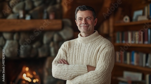 Middle-aged politician in cozy library setting with fireplace and bookshelves