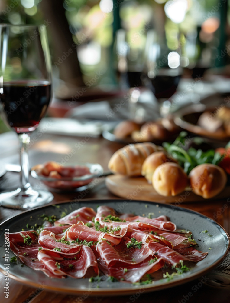 Top view gourmet food photography of Jamon Iberico with rosemary garnish Top view gourmet food photography of Jamon Iberico with rosemary garnish