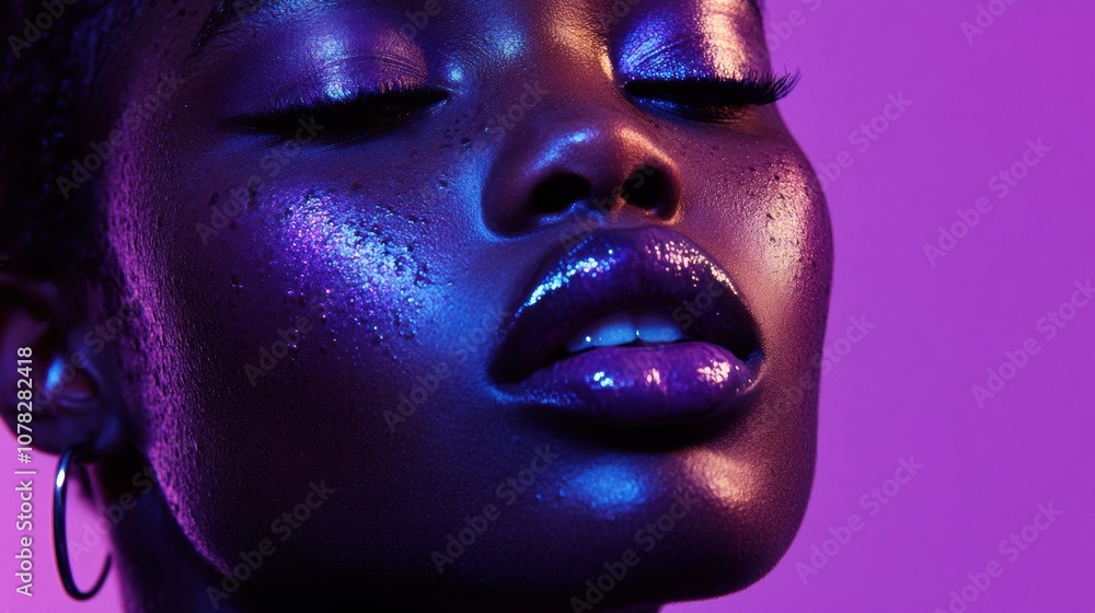 Close-up of a woman with glowing skin under vibrant purple lighting, AI Close-up of a woman with glowing skin under vibrant purple lighting, AI