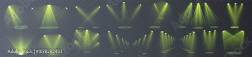 The vector set of light includes a light source,bright spotlight on the stage shines with rays. Isolated light effect for your design and illustration., studio lighting, walls
