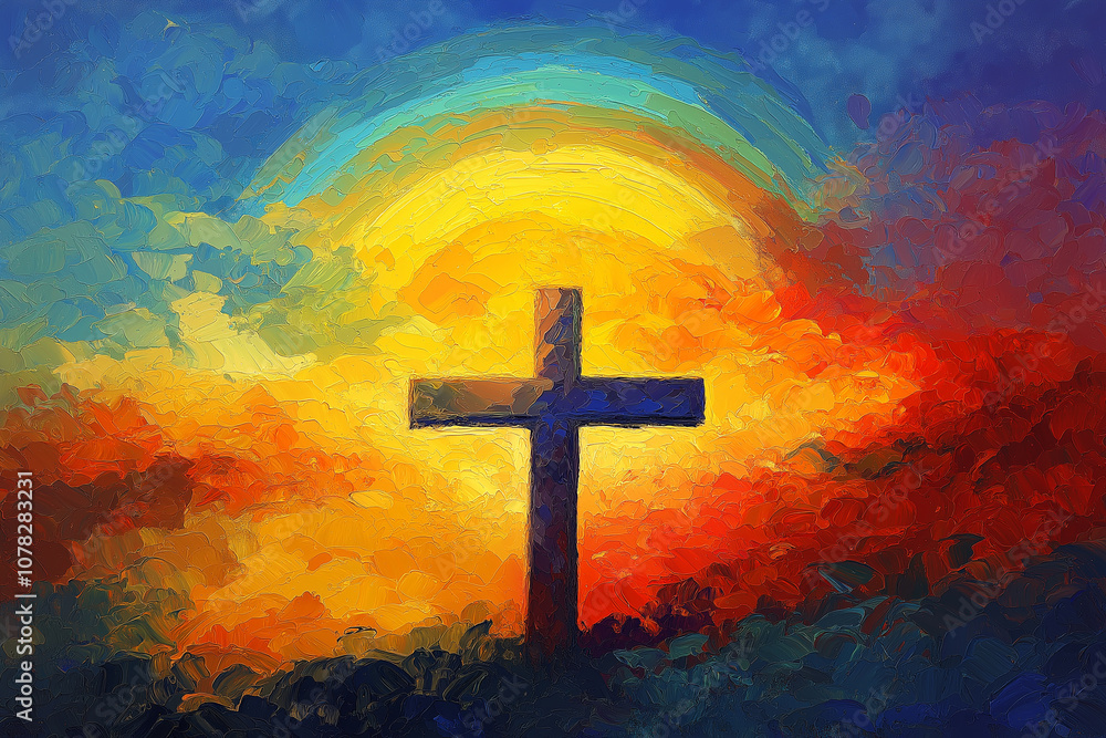 Painted Cross at Sunset - Rainbow Sky - Pastel Painting Painted Cross at Sunset - Rainbow Sky - Pastel Painting