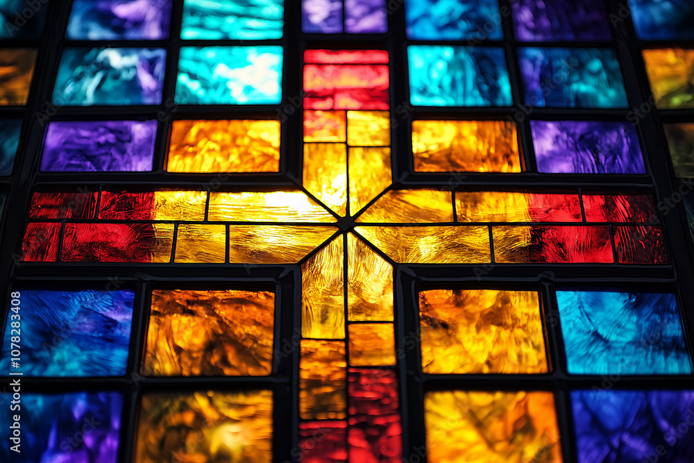 Colorful Stained Glass Cross - Geometric Pattern Colorful Stained Glass Cross - Geometric Pattern