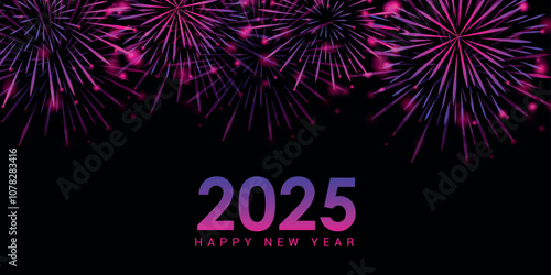 happy new year 2025 pink firework on night background greeting card vector illustration
