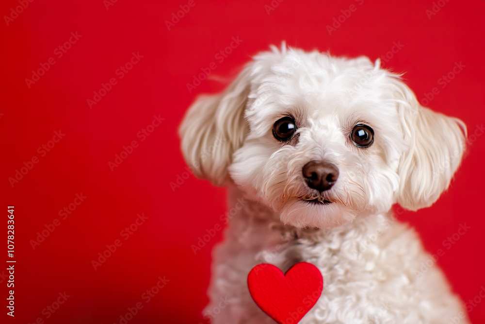 close-up of cute little dog in white, has a red heart in front. day of love for your pet.