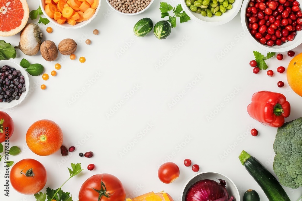 Healthy Food Flat Lay with Bright Colors Isolated On White Healthy Food Flat Lay with Bright Colors Isolated On White