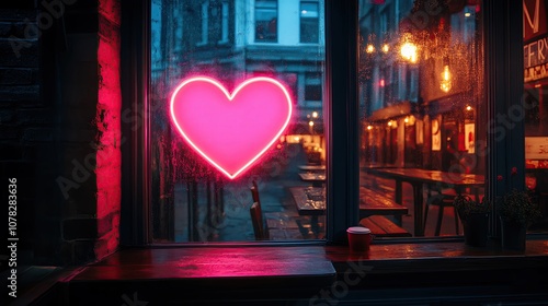 Neon pink heart in an urban might seens Neon heart glow in a cozy cafe window. photo