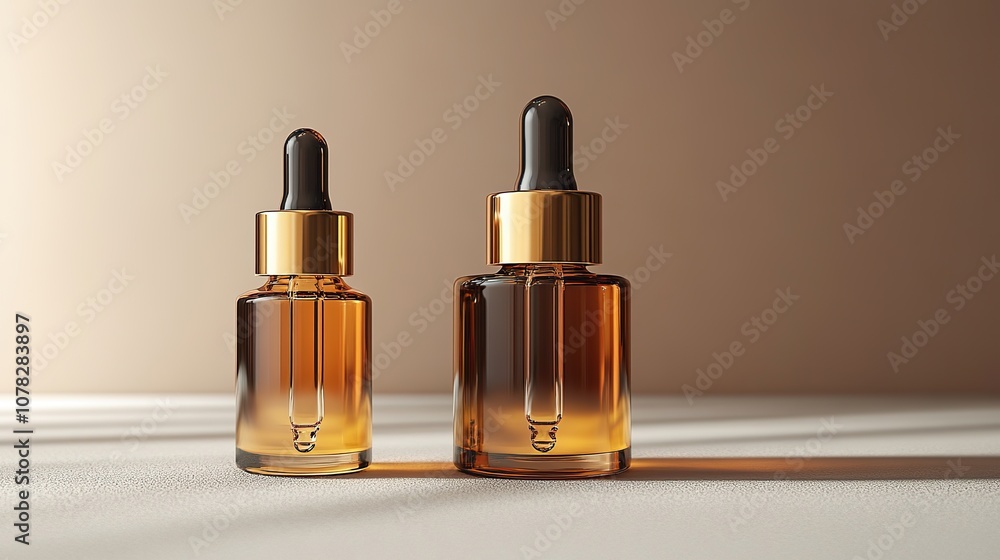 golden cosmetics liquid dropper and bottle 3d rendering golden cosmetics liquid dropper and bottle 3d rendering
