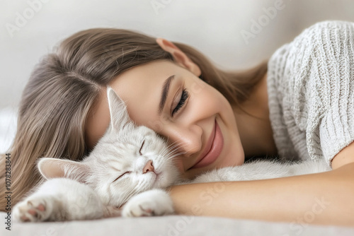 happy lying girl with her face on top of her pet, a beautiful cat. day of love to your pet.