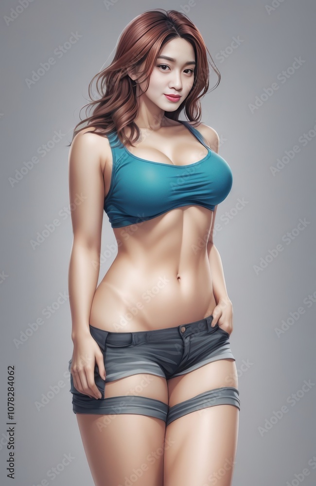 Fototapeta premium a close up of a woman in a blue top and shorts