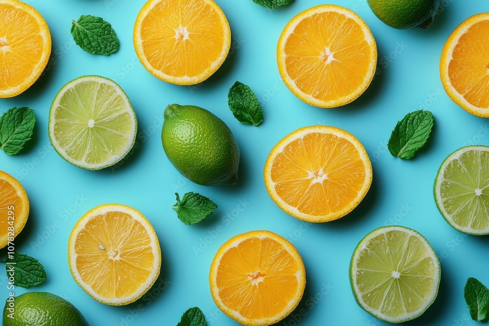 A flat lay of orange and lime slices on a pastel Blue Soft background, creating an elegant pattern with mint leaves scattered around them for decoration. A flat lay of orange and lime slices on a pastel Blue Soft background, creating an elegant pattern with mint leaves scattered around them for decoration.