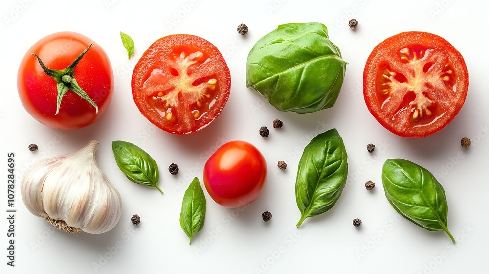 Naklejka premium Tomato garlic and basil isolated on white
