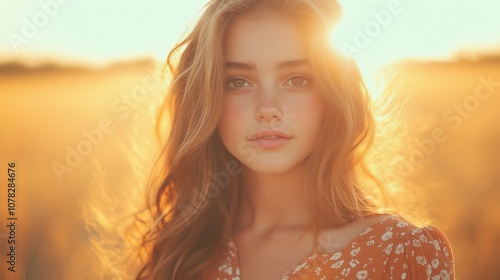 Portrait of a young woman in soft sunlight, with warm tones and natural beauty, evoking serenity and summer vibes in a golden field.