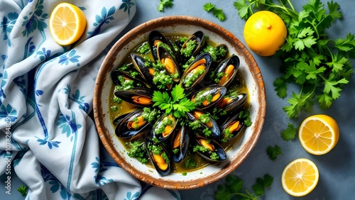 Choritos en Salsa Verde Mussels in Green Sauce (Chilean Cuisine) photo