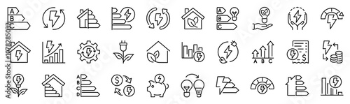 Set of 30 outline icons related to energy efficiency. Linear icon collection. Editable stroke. Vector illustration