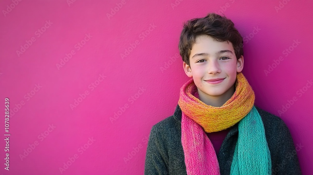 Cheerful boy wearing colorful scarf against vibrant pink wall, showcasing contemporary fashion and youthful optimism in urban setting Cheerful boy wearing colorful scarf against vibrant pink wall, showcasing contemporary fashion and youthful optimism in urban setting