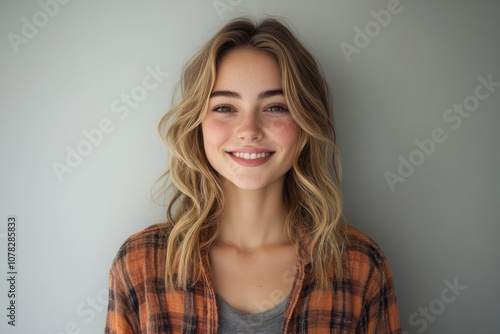 Pretty smiling joyfully female with fair hair, dressed casually