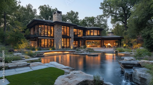 Modern house with a serene pond and lush landscaping.