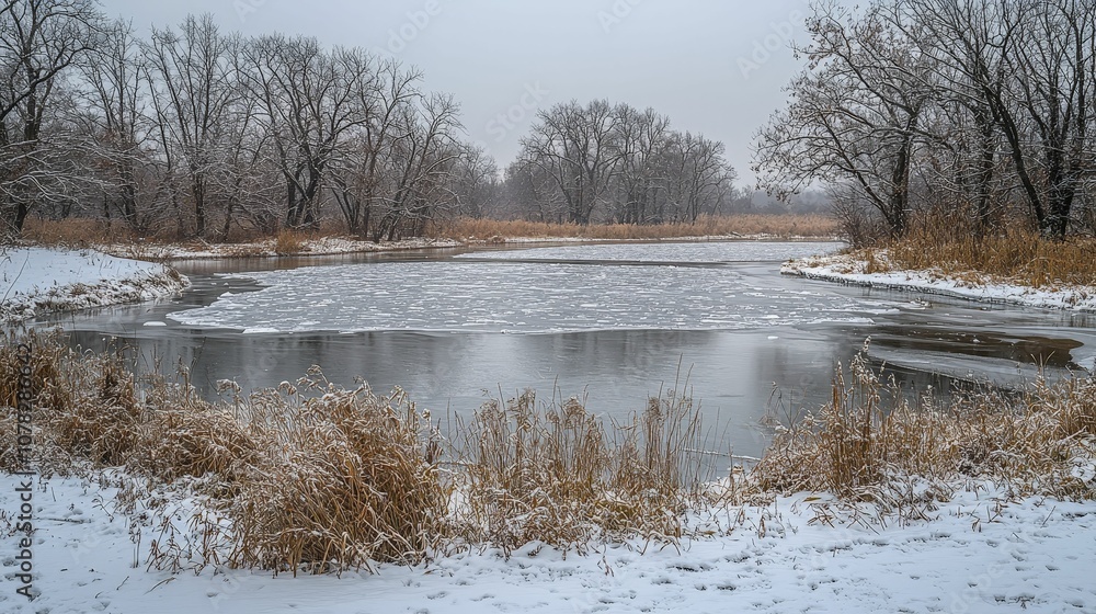 A serene winter scene featuring a frozen pond surrounded by snow-covered trees and grass, evoking a peaceful, wintry atmosphere. A serene winter scene featuring a frozen pond surrounded by snow-covered trees and grass, evoking a peaceful, wintry atmosphere.
