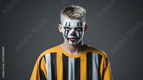 Young Male Model with Face Paint in Striped Shirt Showcasing Creative Expression and Artistic Makeup in Studio Setting Against Dark Background