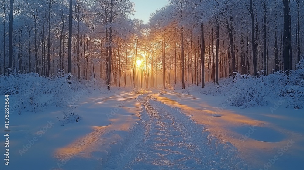 A serene winter scene featuring snow-covered trees with sunlight filtering through, creating a tranquil pathway in the woods. A serene winter scene featuring snow-covered trees with sunlight filtering through, creating a tranquil pathway in the woods.