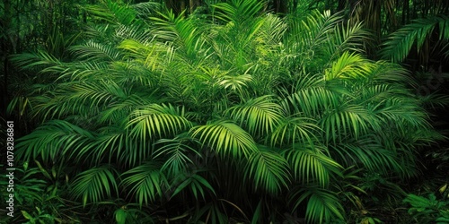 Lush green foliage of tropical plants creating a dense, vibrant natural habitat.