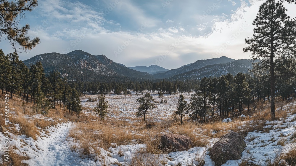 A serene snowy landscape with mountains in the background, framed by evergreen trees and golden grasses under a cloudy sky. A serene snowy landscape with mountains in the background, framed by evergreen trees and golden grasses under a cloudy sky.