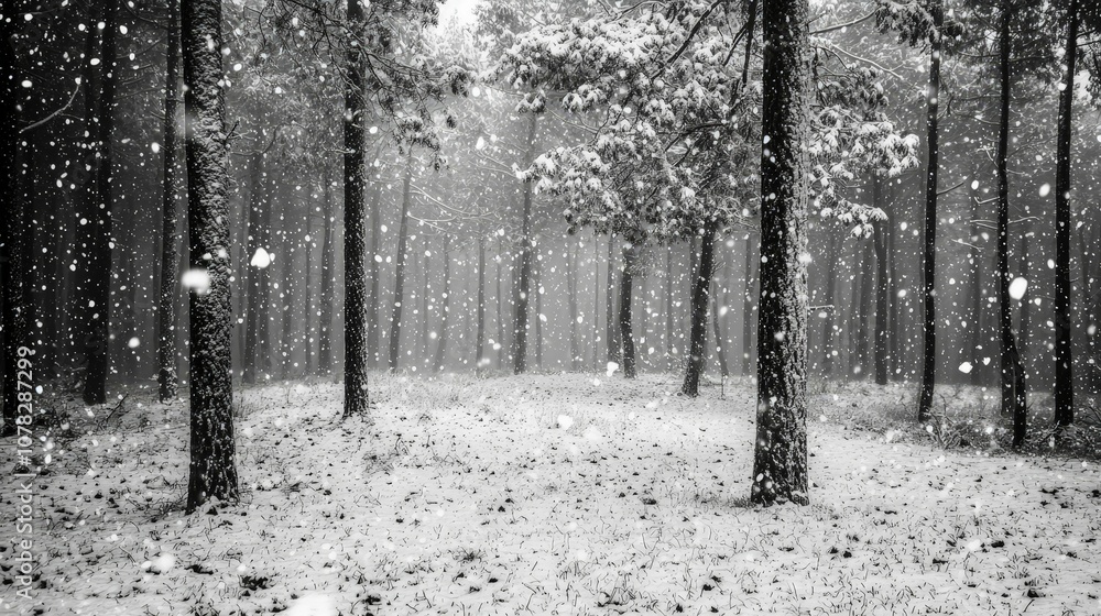 A serene black-and-white winter scene featuring snow falling gently in a forest among tall trees. A serene black-and-white winter scene featuring snow falling gently in a forest among tall trees.