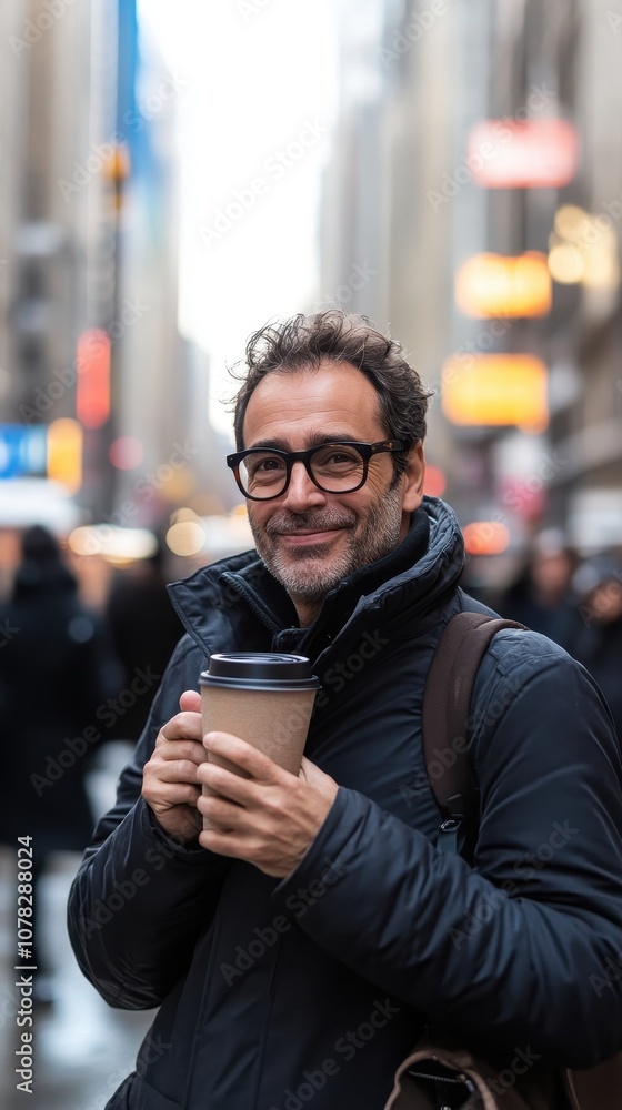 A man enjoys his coffee from a reusable cup while walking through a bustling city street A man enjoys his coffee from a reusable cup while walking through a bustling city street