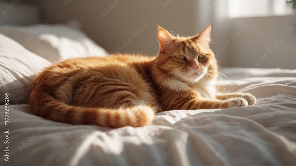 A ginger cat stretched out on a white bed, paws extended and tail gently curled, with sunlight filtering through a window, casting a warm glow on its fur and the soft texture of the bedding - A ginger cat stretched out on a white bed, paws extended and tail gently curled, with sunlight filtering through a window, casting a warm glow on its fur and the soft texture of the bedding -