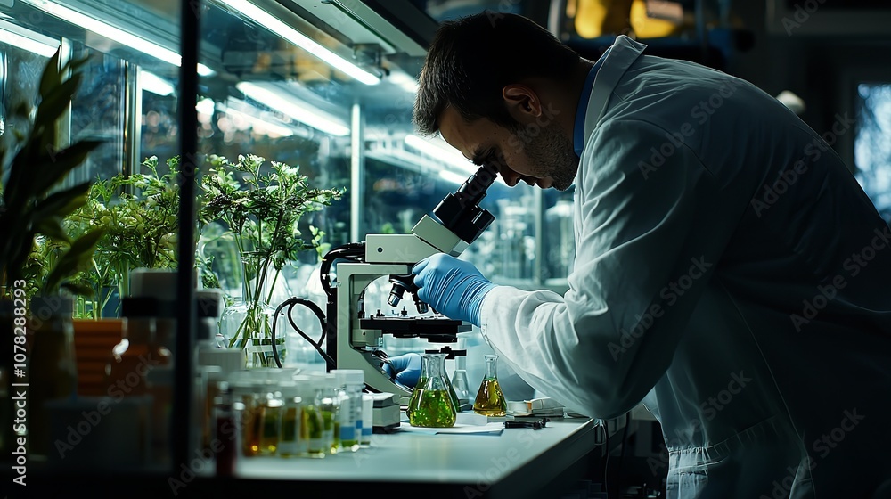 Focused scientist examines sample under microscope, surrounded by lab equipment, showcasing dedication to research and discovery. Focused scientist examines sample under microscope, surrounded by lab equipment, showcasing dedication to research and discovery.