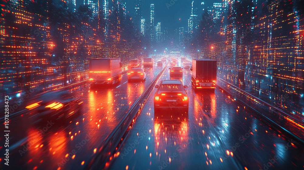 high tech city highway with trucks and cars moving on the road surrounded by digital connections symbolizing an advanced data system for urban transport control high tech city highway with trucks and cars moving on the road surrounded by digital connections symbolizing an advanced data system for urban transport control