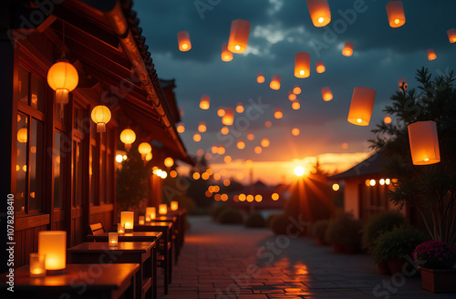 Sky lanterns floating in the night sky. Flying traditional orange paper sky lanterns at night, Festival of lights.