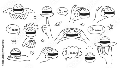 Hand Holding Burger Doodle Line set. Outline finger gesturing showing delicious hamburger. Fast food with sesame, speech bubble, text. Vector illustration