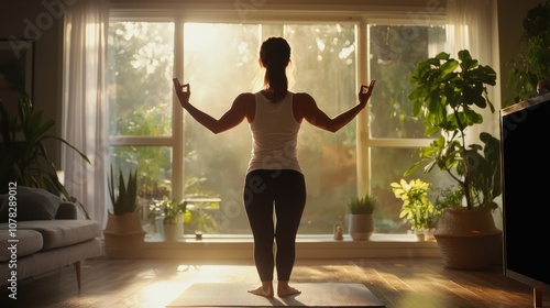 Full-body shot of a young woman in activewear practicing yoga in a modern living room with natural lighting and cozy decor