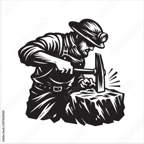 Female Miner at Work: Strength and Skill in the Mines. This striking black and white illustration depicts a female miner kneeling, focused on her work.