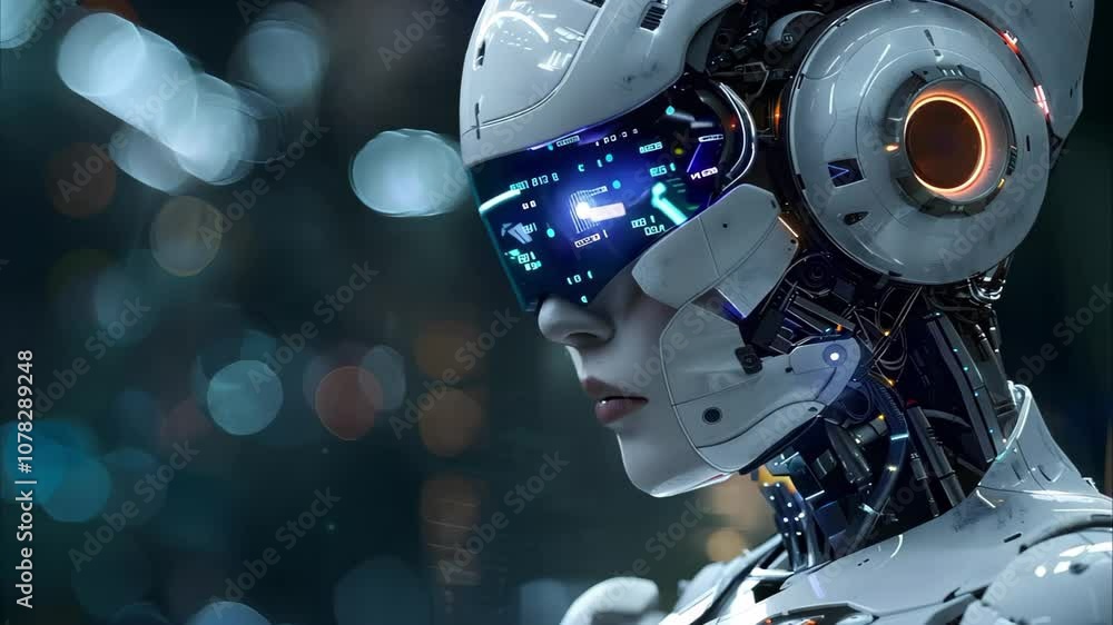 A futuristic robot or cyborg with advanced technology features, displaying a high-tech visor and intricate mechanical designs. A futuristic robot or cyborg with advanced technology features, displaying a high-tech visor and intricate mechanical designs.