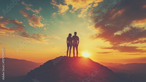 Two Hikers Witnessing a Breathtaking Sunset on a Snowy Mountaintop