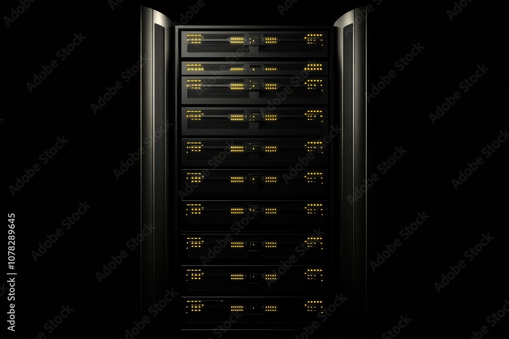 A rack of servers stands tall against a dark background, with numerous blinking indicators signaling active connections and data processing. Generative AI A rack of servers stands tall against a dark background, with numerous blinking indicators signaling active connections and data processing. Generative AI