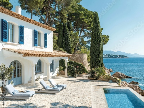 Elegant Coastal Villa with Blue Shutters Overlooking Tranquil Mediterranean Sea Surrounded by Lush Greenery and Inviting Outdoor Pool Area in Bright Sunlight