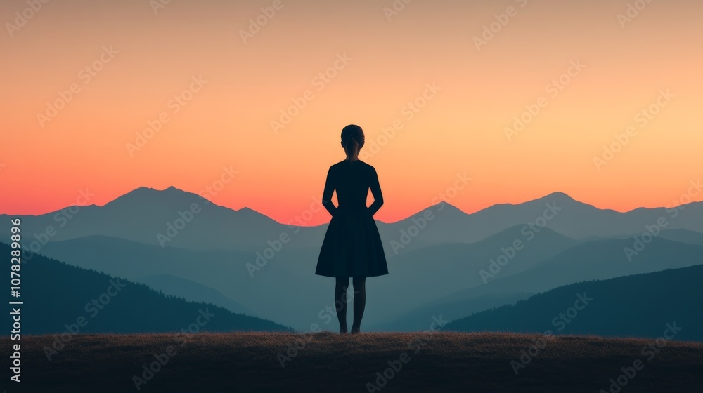Silhouette of a Woman at Sunset: A solitary figure stands against a breathtaking backdrop of layered mountains bathed in the warm hues of a setting sun. The image evokes a sense of peace. Silhouette of a Woman at Sunset: A solitary figure stands against a breathtaking backdrop of layered mountains bathed in the warm hues of a setting sun. The image evokes a sense of peace.